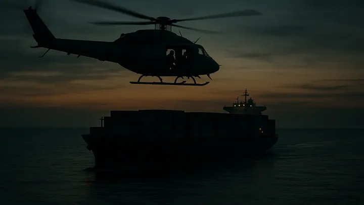 Hubschrauber jagt Containerschiff über das offene Meer – doch was die Besatzung tut, um zu verschwinden, ist unglaublich.