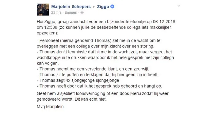 OEPS: vrouw belt met klacht naar Ziggo, medewerker vergeet haar in de wacht te zetten..