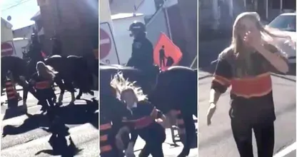 VIDEO: Deze vrouw slaat een politiepaard en krijgt direct haar verdiende loon. Ongelooflijk wat een reactie!