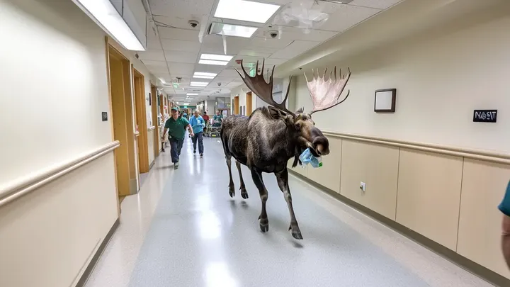 Elch bricht ins Krankenhaus ein - Krankenschwester ist zu Tränen gerührt von dem, was sie auf seinem Geweih sieht.
