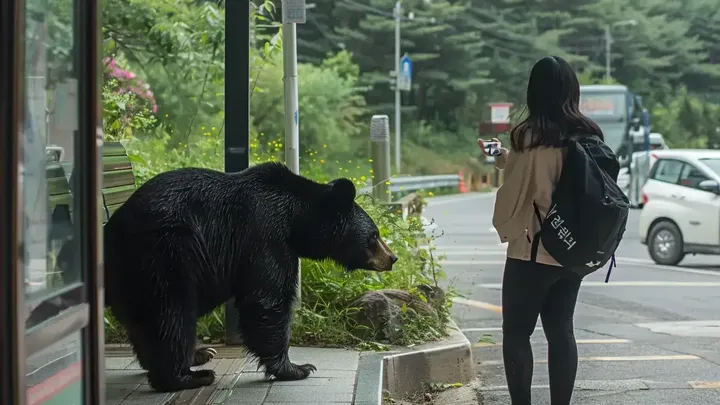 バス停で突然クマが近づいてきたので、森の中に入っていった女性。