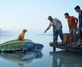 Giant Turtle Surfaces Near Dock – What’s on Its Back Leaves Fishermen Frozen