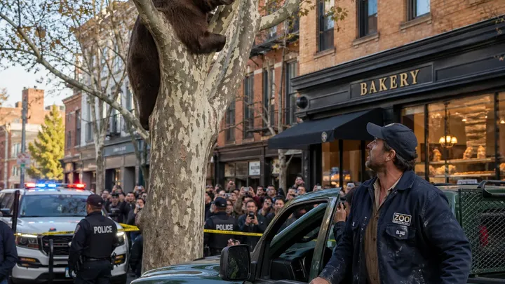 Orso si arrampica su un albero in una città affollata - Il guardiano dello zoo vede il video e si blocca