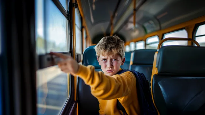 Een jongen ruikt iets vreemds in de schoolbus, kijkt één keer naar de chauffeur en belt 911