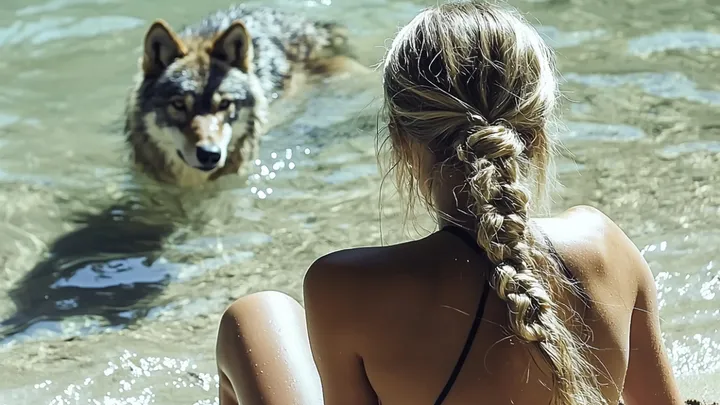 Frau folgt Wolf ins Meer, nachdem er sich ihr am Strand genähert hat