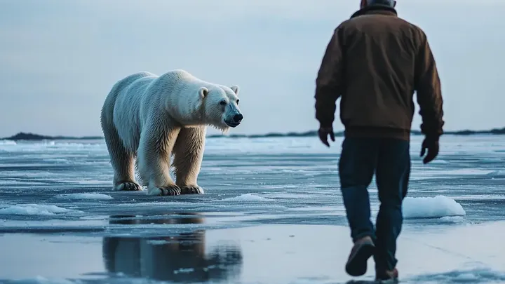 Hij dacht dat hij alleen was op het ijs, tot er een gigantische ijsbeer verscheen