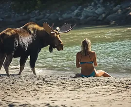 Une femme suit un élan dans la mer après qu'il se soit approché d'elle sur la plage