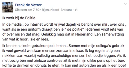 Deze gefrustreerde politieagent doet zijn verhaal op Facebook: "Ik ben racistisch en etnisch profileren is mijn hobby"