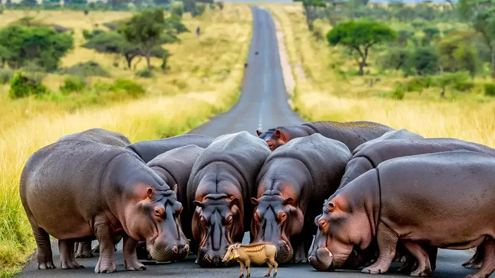 Hippo Herd Blocks Road for Hours – What They Were Protecting Stuns Onlookers