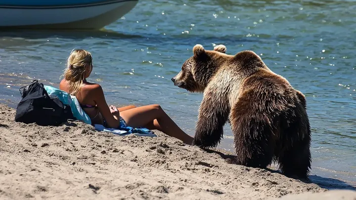 Frau folgt einem Bären ins Meer, nachdem er sich ihr am Strand genähert hat