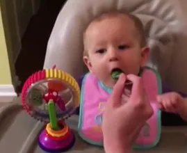 Dieses kleine Kind probiert zum ersten Mal Brokkoli und weiß nicht wie ihr geschieht. So niedlich!