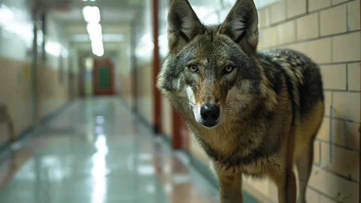 Wolf breekt in op basisschool - leraar in tranen door wat hij in zijn mond draagt