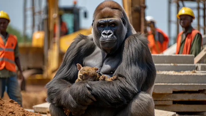 Gorilla Appears at Construction Site – What It’s Carrying Leaves Workers Frozen