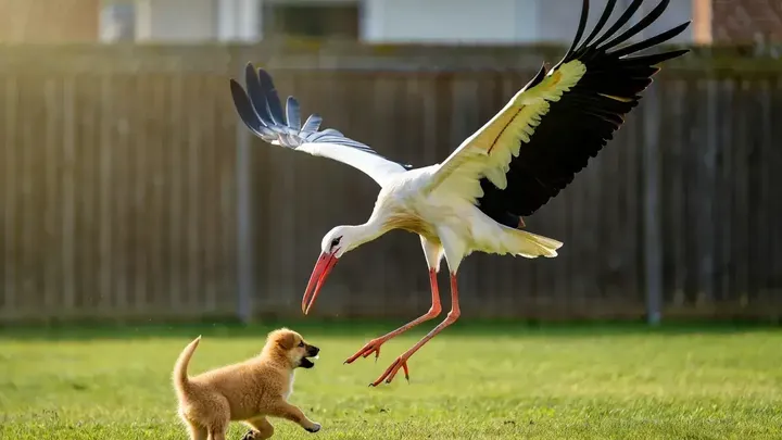 コウノトリが子犬を庭からさらう - 近所の人が発見したことは、あなたを驚愕させるでしょう！