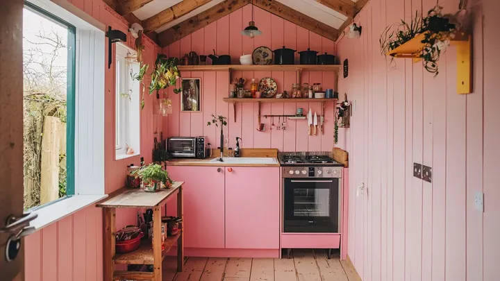 Woman Transforms Garden Shed into a Charming Pink Home