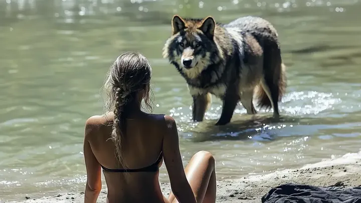 海辺でオオカミに襲われた女性、オオカミを追って海に入る