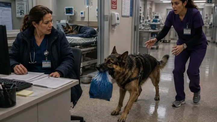 Un pastore tedesco è svenuto in un ospedale pediatrico mentre stringeva in mano un sacchetto di plastica. Quando l’infermiera l’ha aperto, ha chiamato immediatamente il 911!